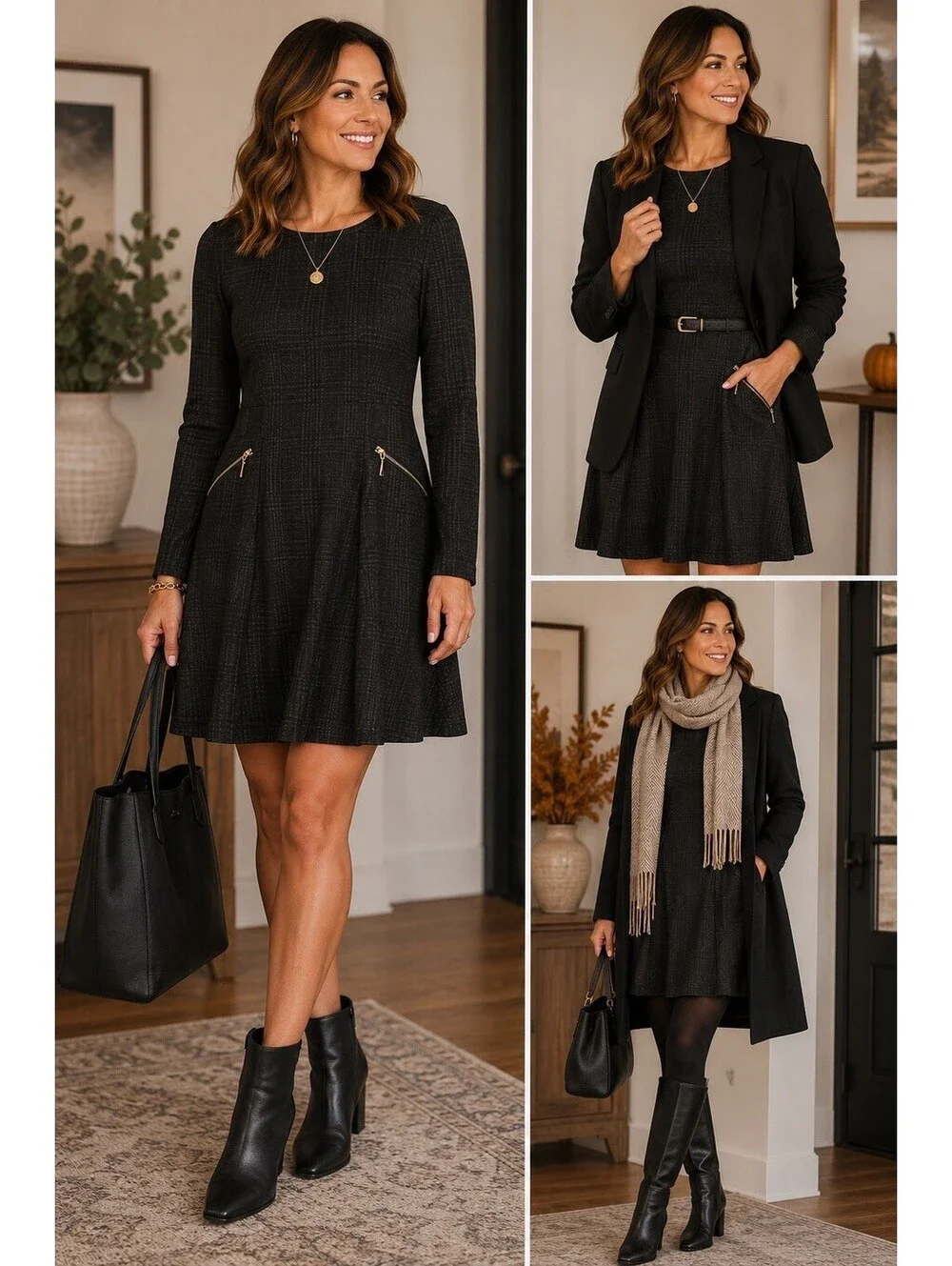 Michael Kors black and gray plaid long-sleeve, A-line jersey dress Size 8